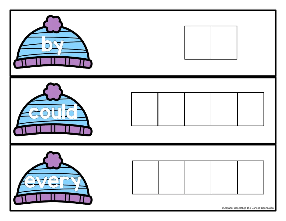 Winter hat cards for the sight words by, could and every; students copy each word with one letter in each space