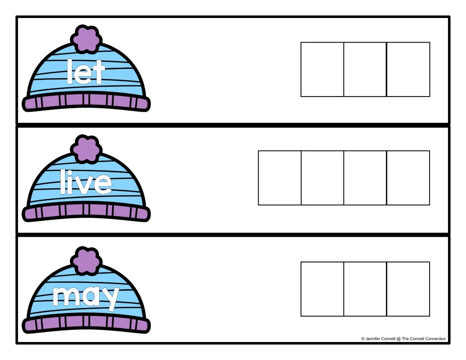Cards for the sight words let, live and may: students look at the word on each winter hat and spell it beside the hat