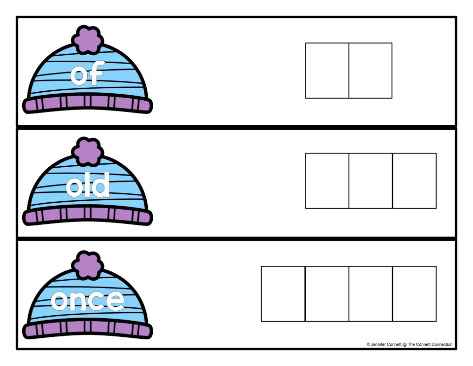 Spelling cards for of, old and once: a winter hat names each sight word and students fill one letter into each space