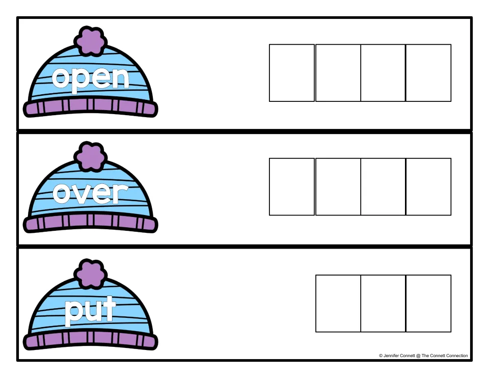 Sight words open, over and put printed on blue winter hats; students spell each one out, a letter in every space