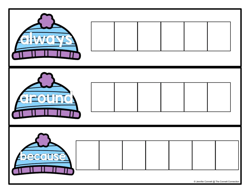 Sight word spelling cards for always, around and because on winter hats; students write each word one letter per space
