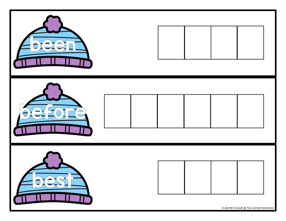 Winter hat cards for the sight words been, before and best; students spell each word letter by letter in matching spaces
