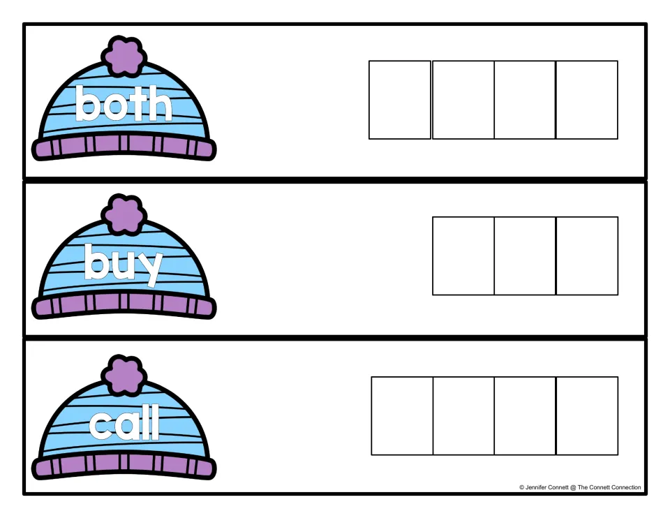 Sight words both, buy and call on knit hat cards; students build each word by writing one letter in each space beside it