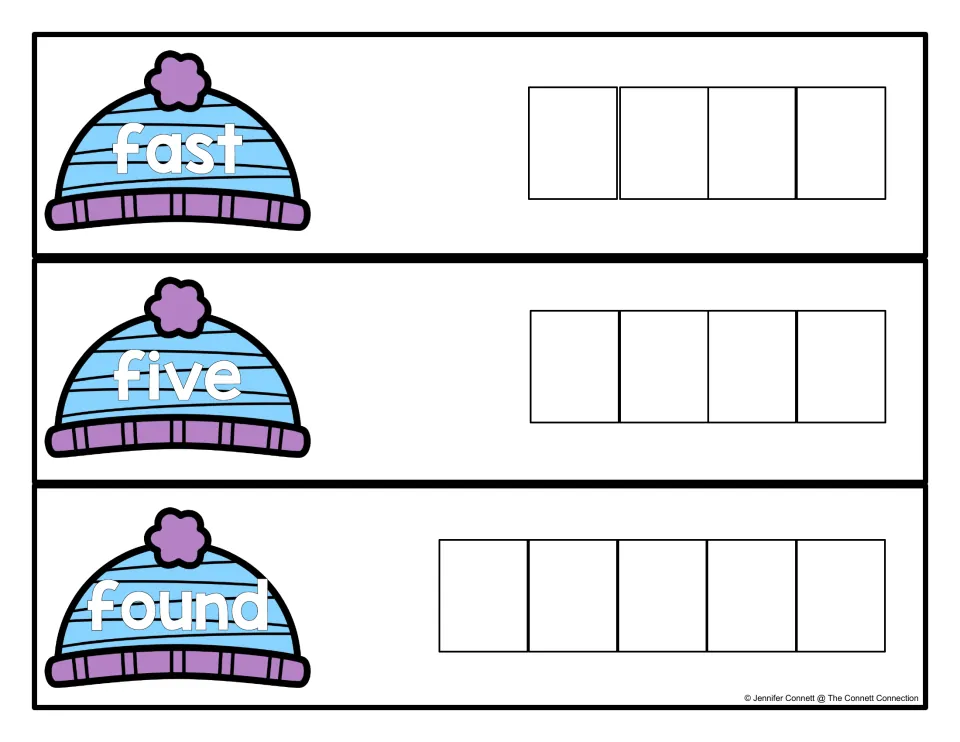 Sight words fast, five and found on striped winter hats; students spell each one with a single letter in every space