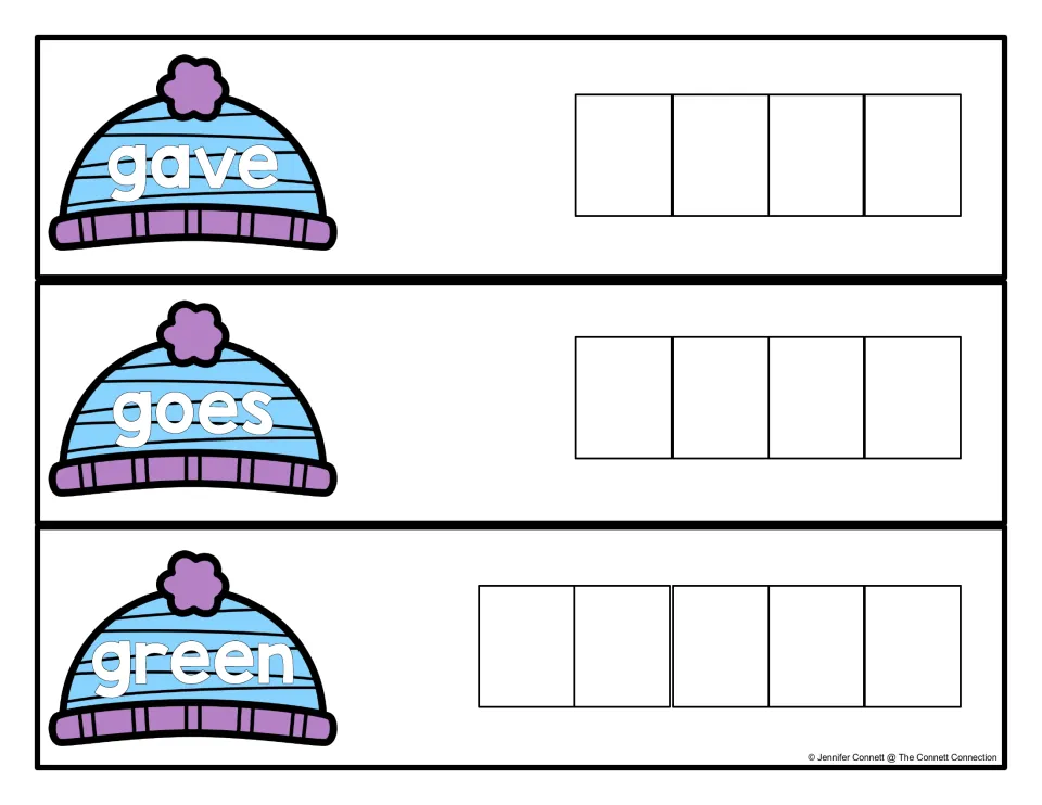 Hat cards showing gave, goes and green; students practise spelling each sight word by filling its letters into the spaces