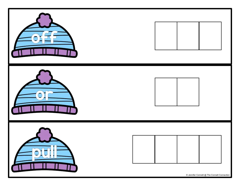 Sight words off, or and pull on winter hat cards; students spell each word by writing its letters in the matching spaces