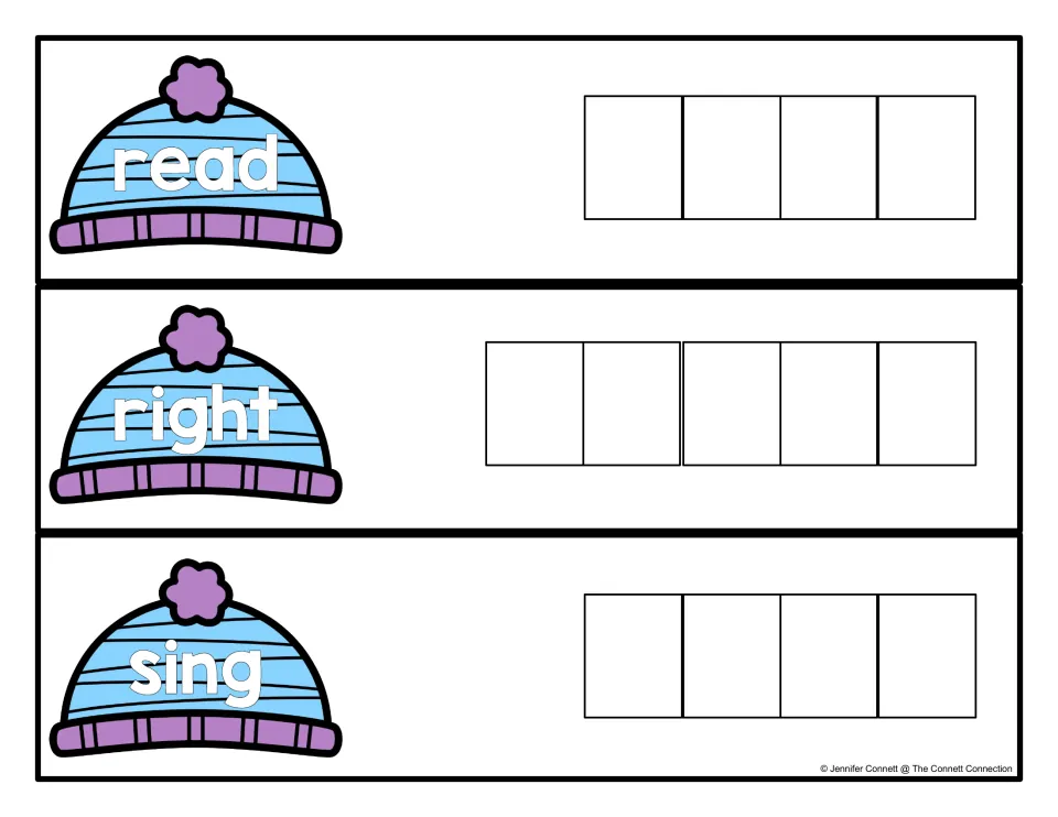 Winter spelling cards for read, right and sing; students rewrite each sight word with one letter in each space
