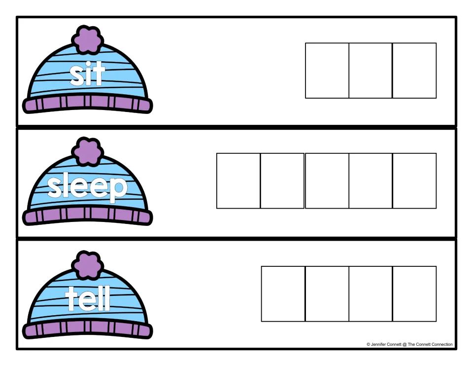 Sight words sit, sleep and tell on pom-pom hat cards; students spell each word by placing one letter per space