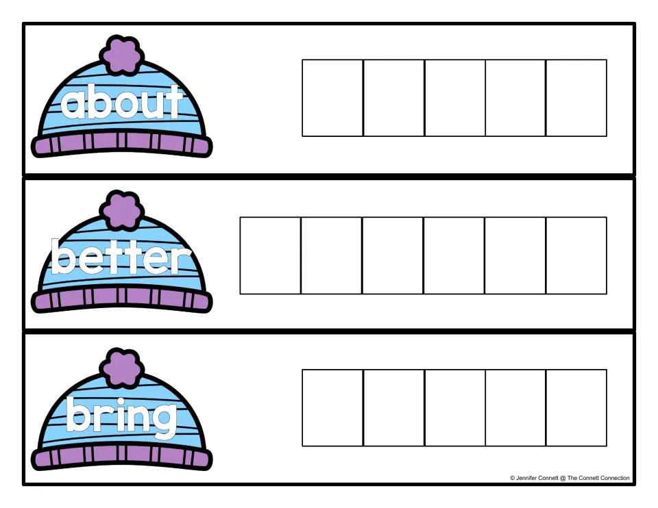 Sight word spelling cards for about, better and bring: students copy each word from a winter hat, one letter per space