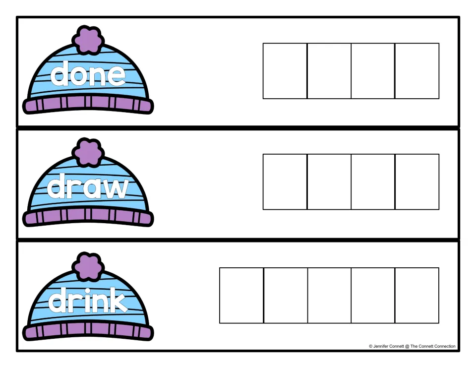 Sight word cards for done, draw and drink: students spell each hat word by writing one letter in each matching space