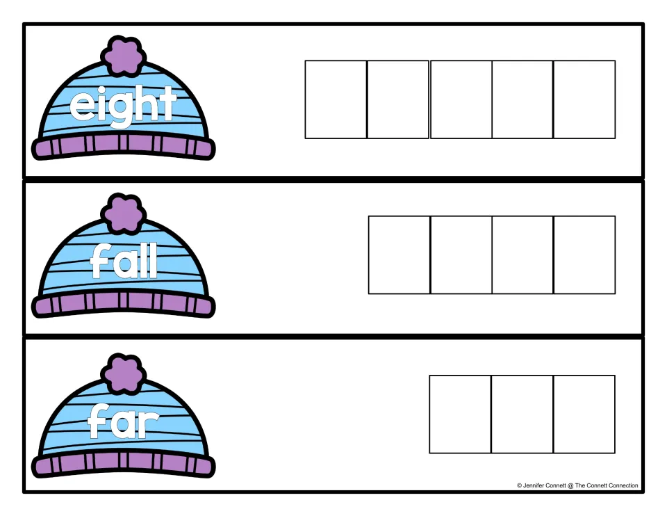 Spelling cards for eight, fall and far: students build each winter hat sight word letter by letter to practise spelling