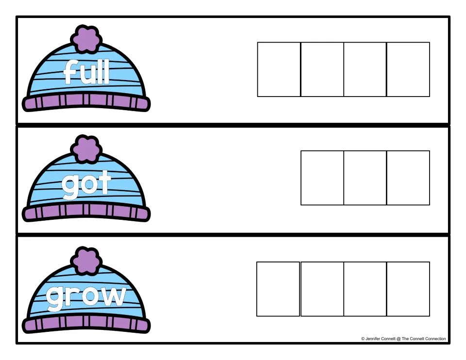 Sight word cards for full, got and grow: students write the word from each winter hat with one letter in every space