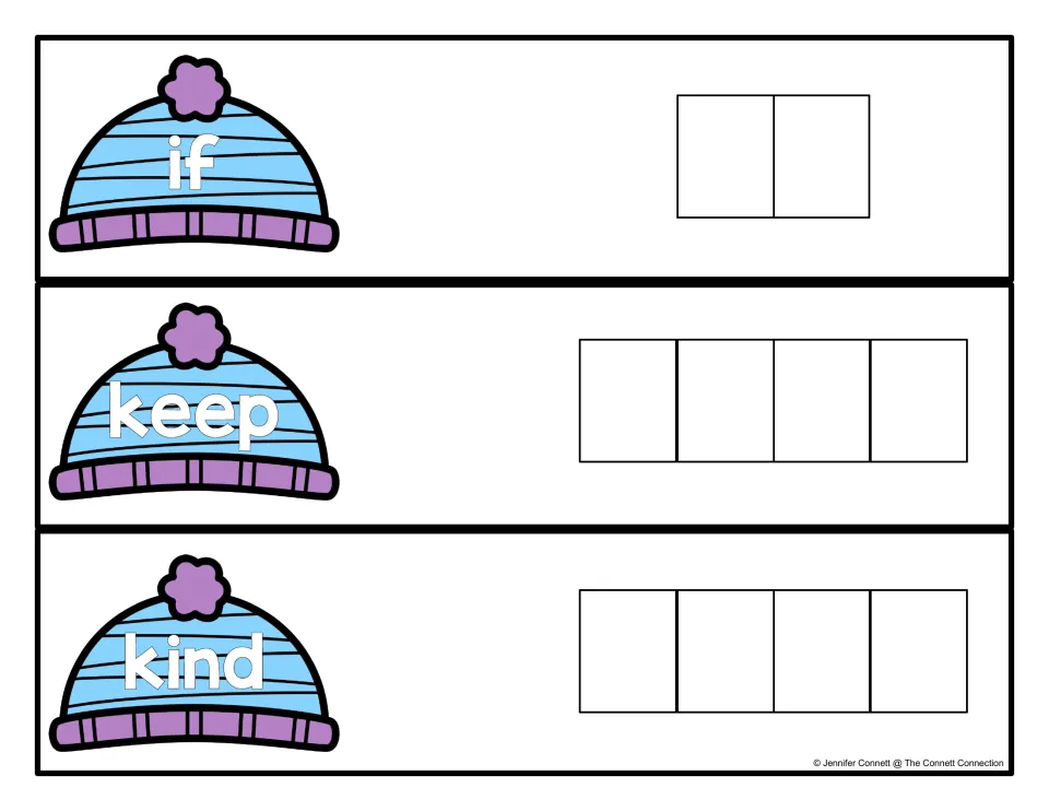 Sight word cards for if, keep and kind: students spell the word printed on each winter hat using one space per letter