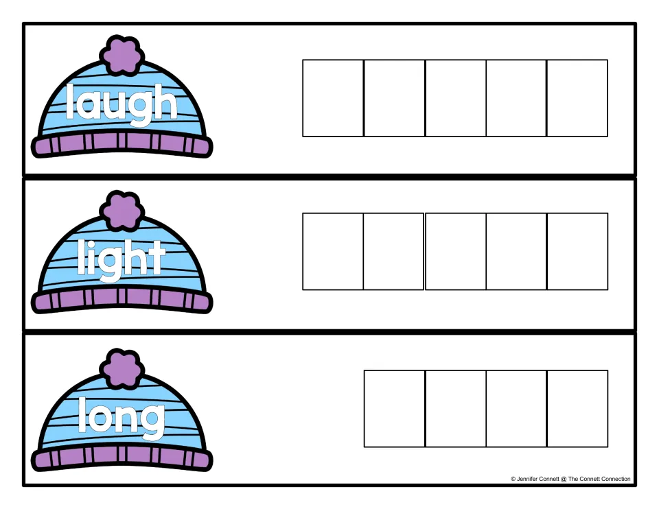 Spelling cards for laugh, light and long: students write each winter hat sight word, matching every letter to a space
