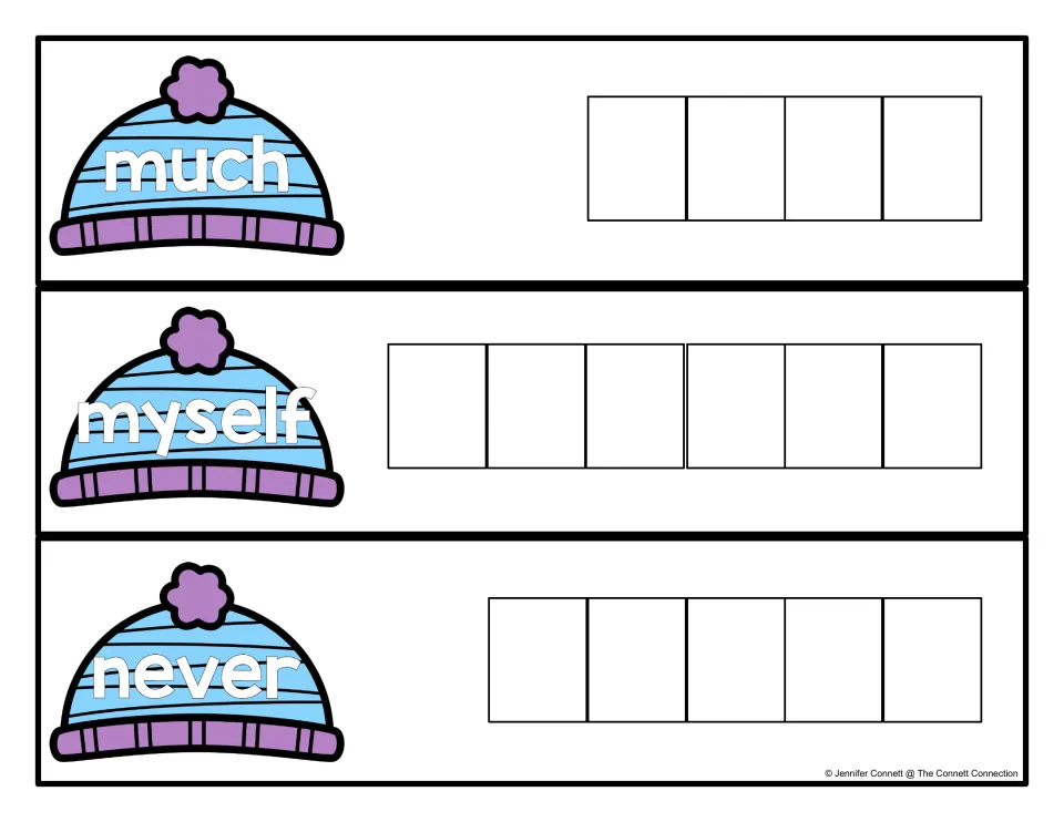 Sight word cards for much, myself and never: students copy each word from a pom-pom winter hat into its letter spaces