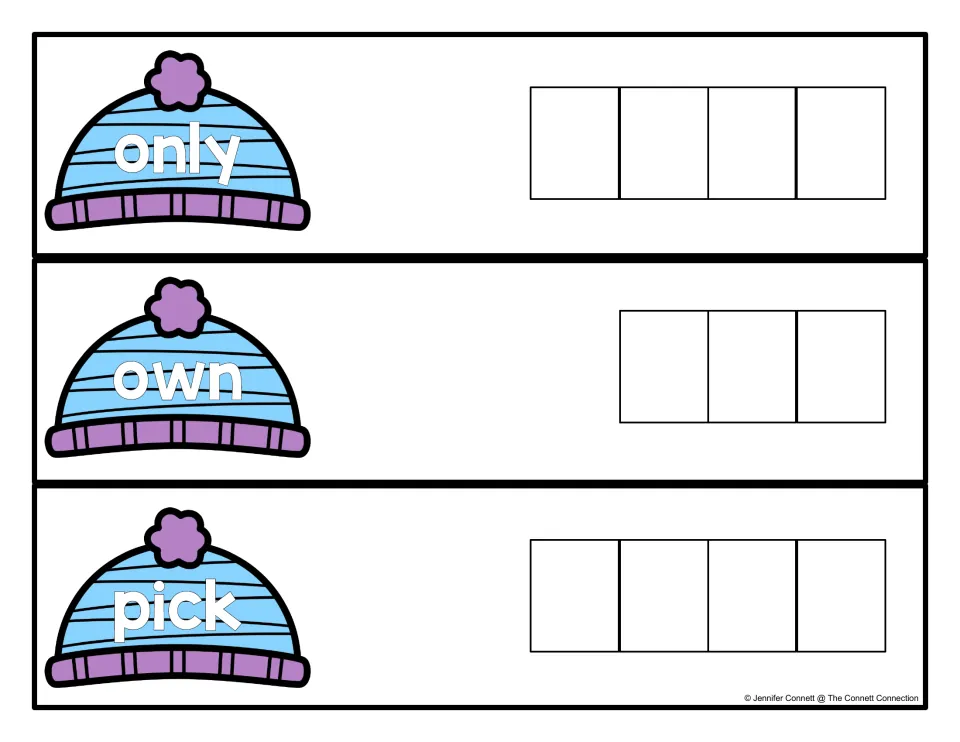 Spelling cards for only, own and pick: students spell each sight word shown on a winter hat, writing one letter per space