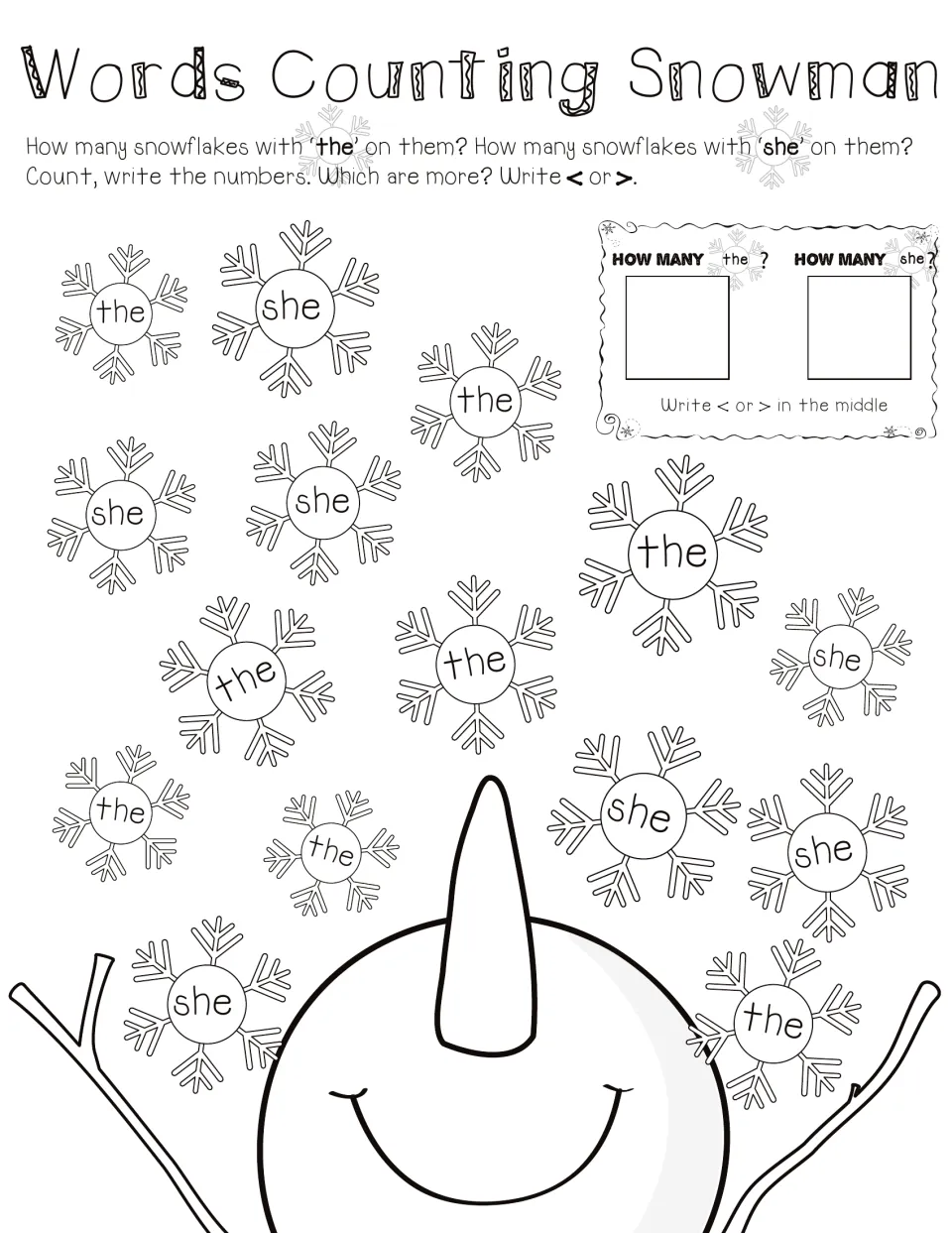 Snowman counting page 1: snowflakes labeled 'the' and 'she' to count, compare and mark with < or >