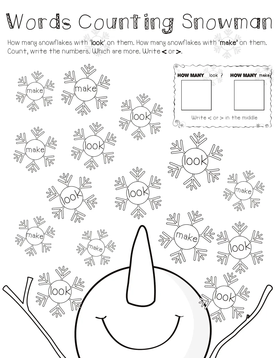 Snowman counting page 2: snowflakes labeled 'look' and 'make' to count, compare and mark with < or >