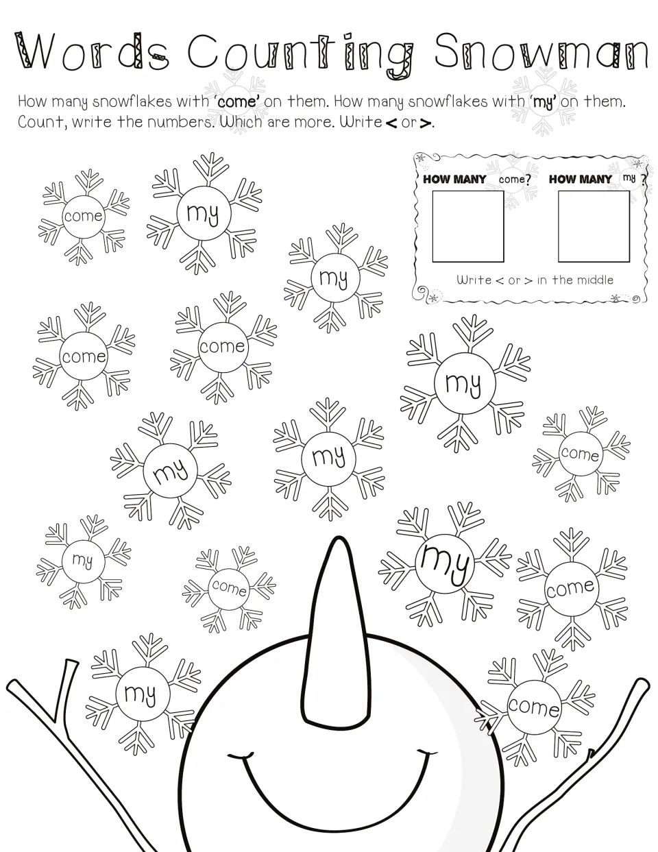 Snowman counting page 3: snowflakes labeled 'come' and 'my' to count, compare and mark with < or >
