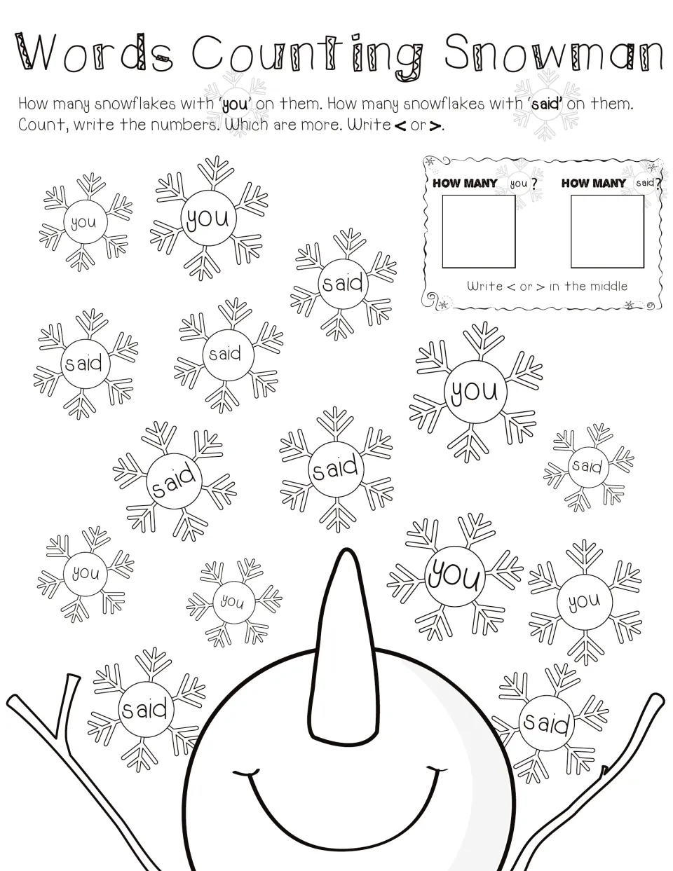Snowman counting page 4: snowflakes labeled 'you' and 'said' to count, compare and mark with < or >