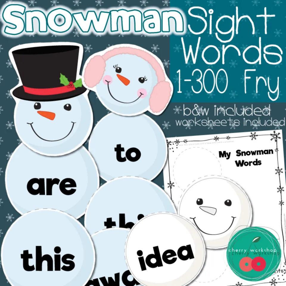 Snowman Sight Words 1-300 Fry cover: snowball word cards, snow people heads and a My Snowman Words sheet, b&w included