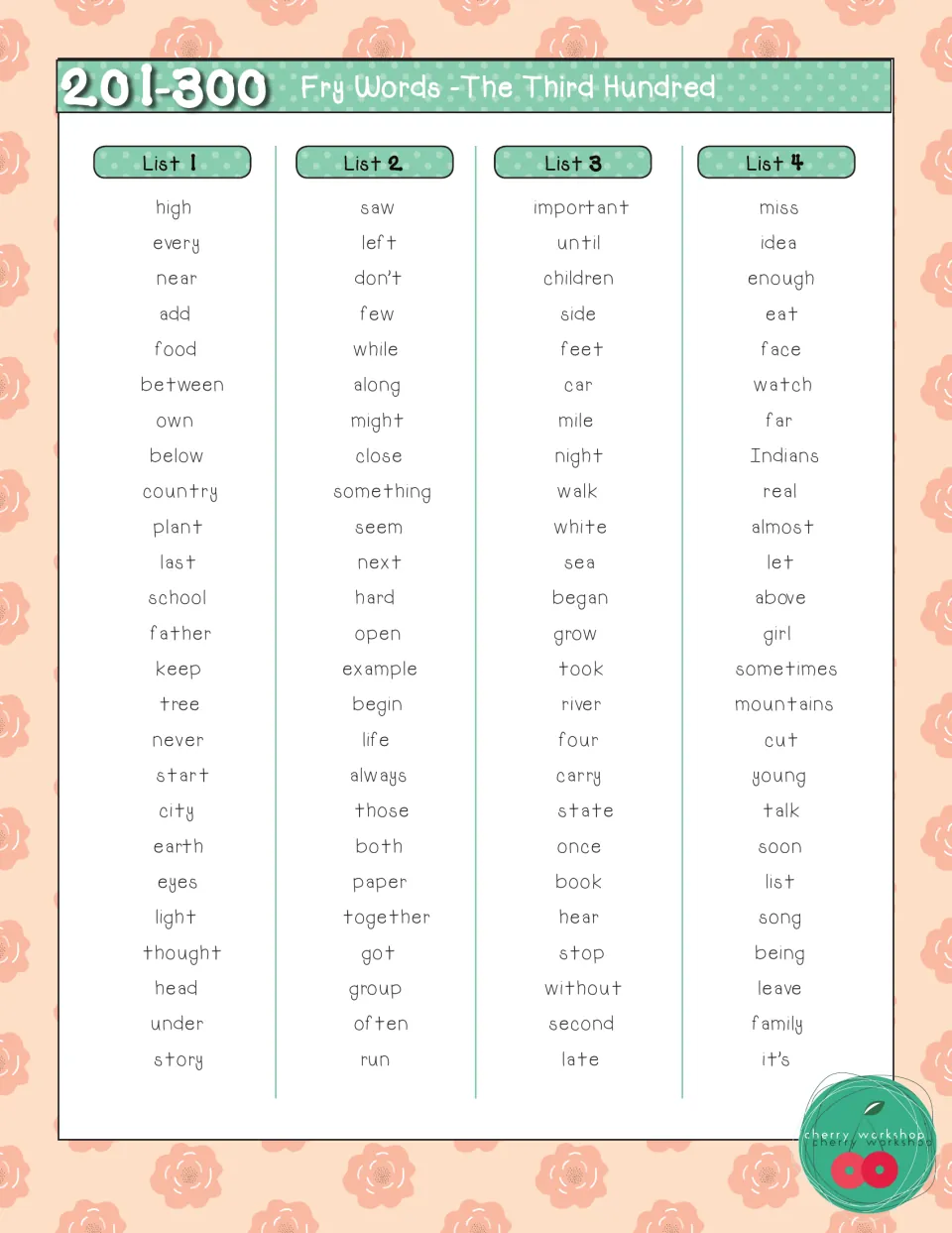 Fry words 201-300 reference list: the third hundred in four lists of 25, starting with high, every, near and ending it's
