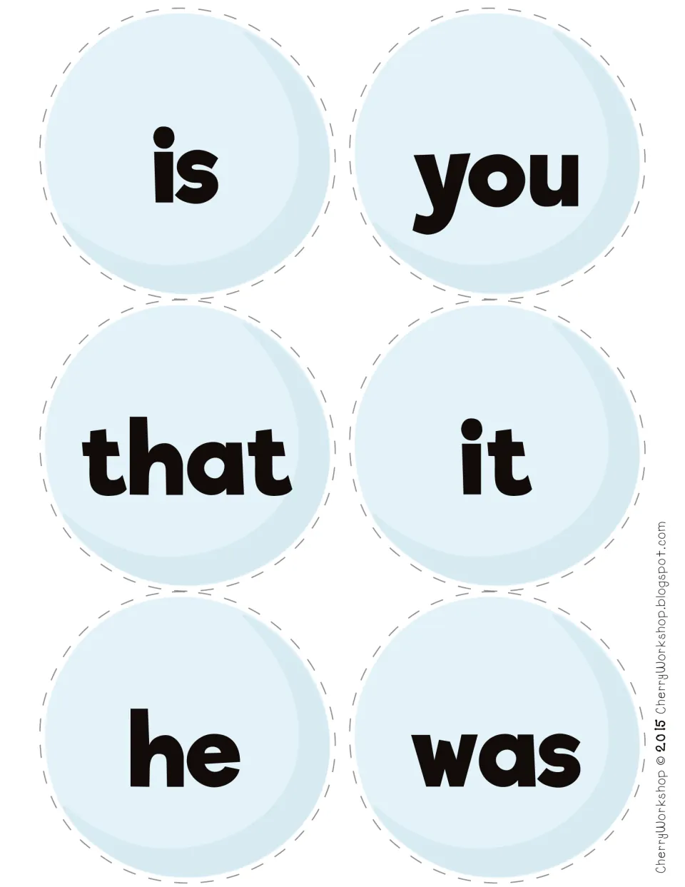 Snowball word cards for is, you, that, it, he and was: students cut them out and read each word while building a snowman