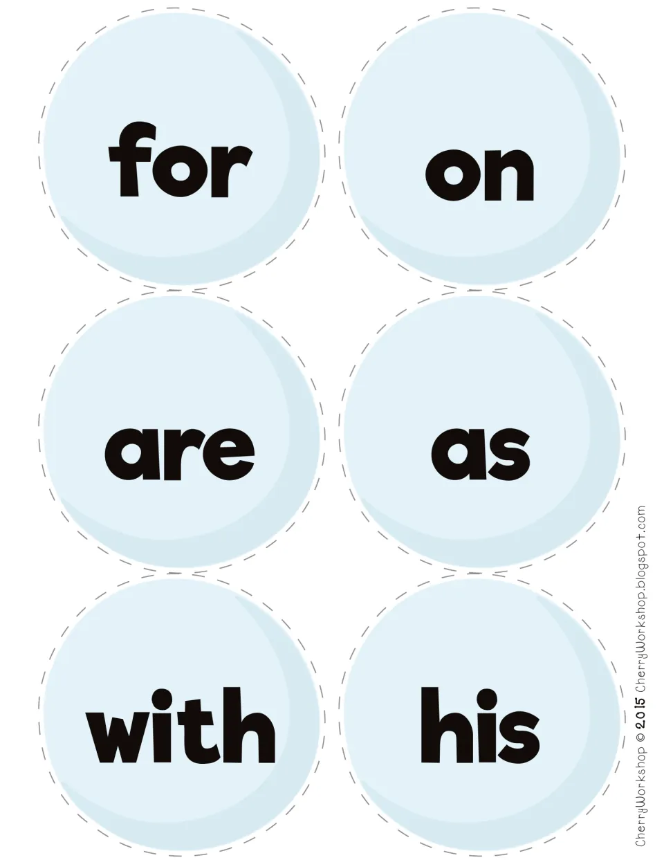 Snowball sight word cards for for, on, are, as, with and his, cut out for students to read and stack under snow people heads