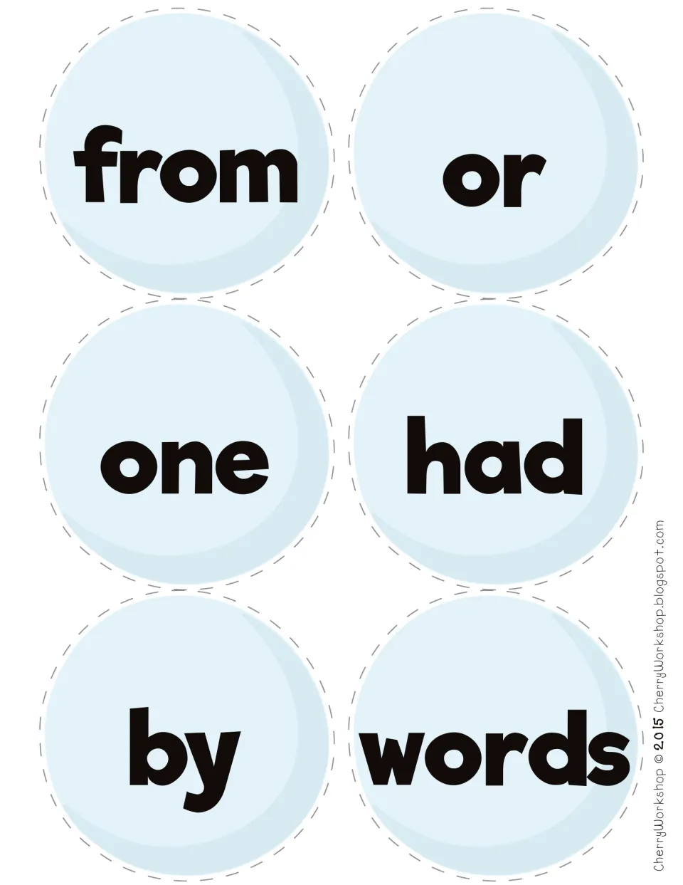 Snowball sight word cards for from, or, one, had, by and words, moving into Fry List 2, cut out for snowman-building reading