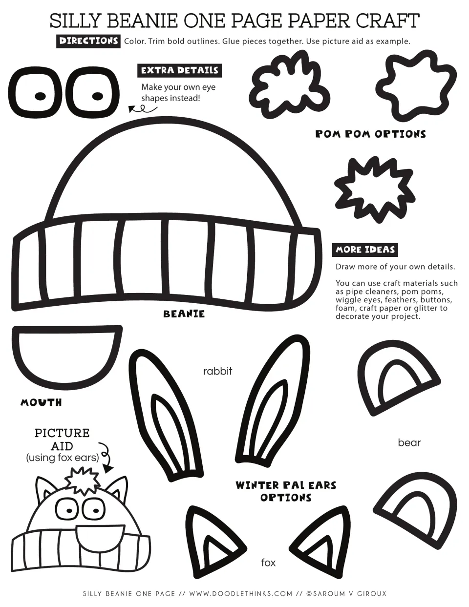 Silly beanie paper craft: students color, trim and glue a beanie, eyes, mouth, pom pom and rabbit, bear or fox ears