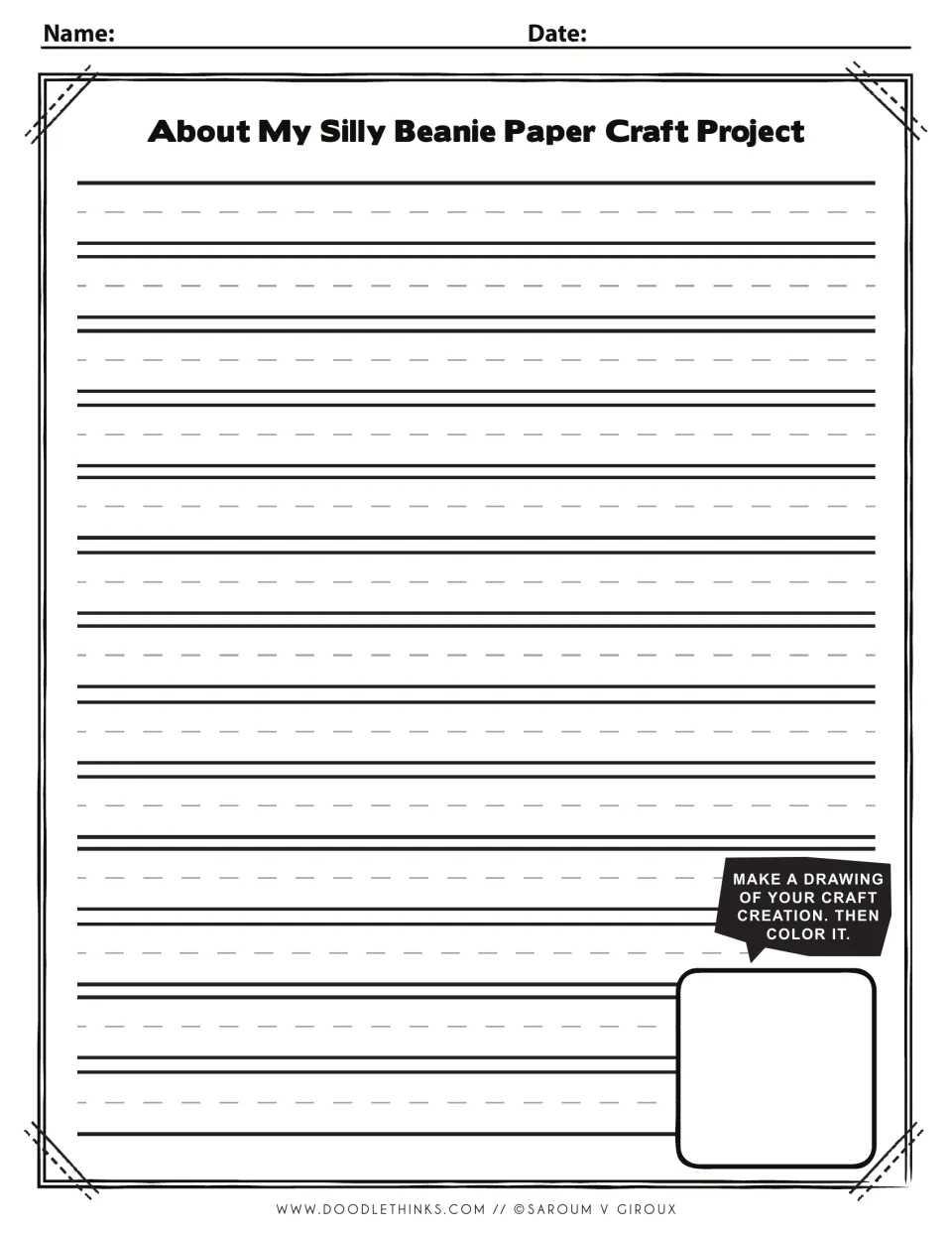 Beanie craft reflection, primary handwriting version: students write about their craft, then draw and color it