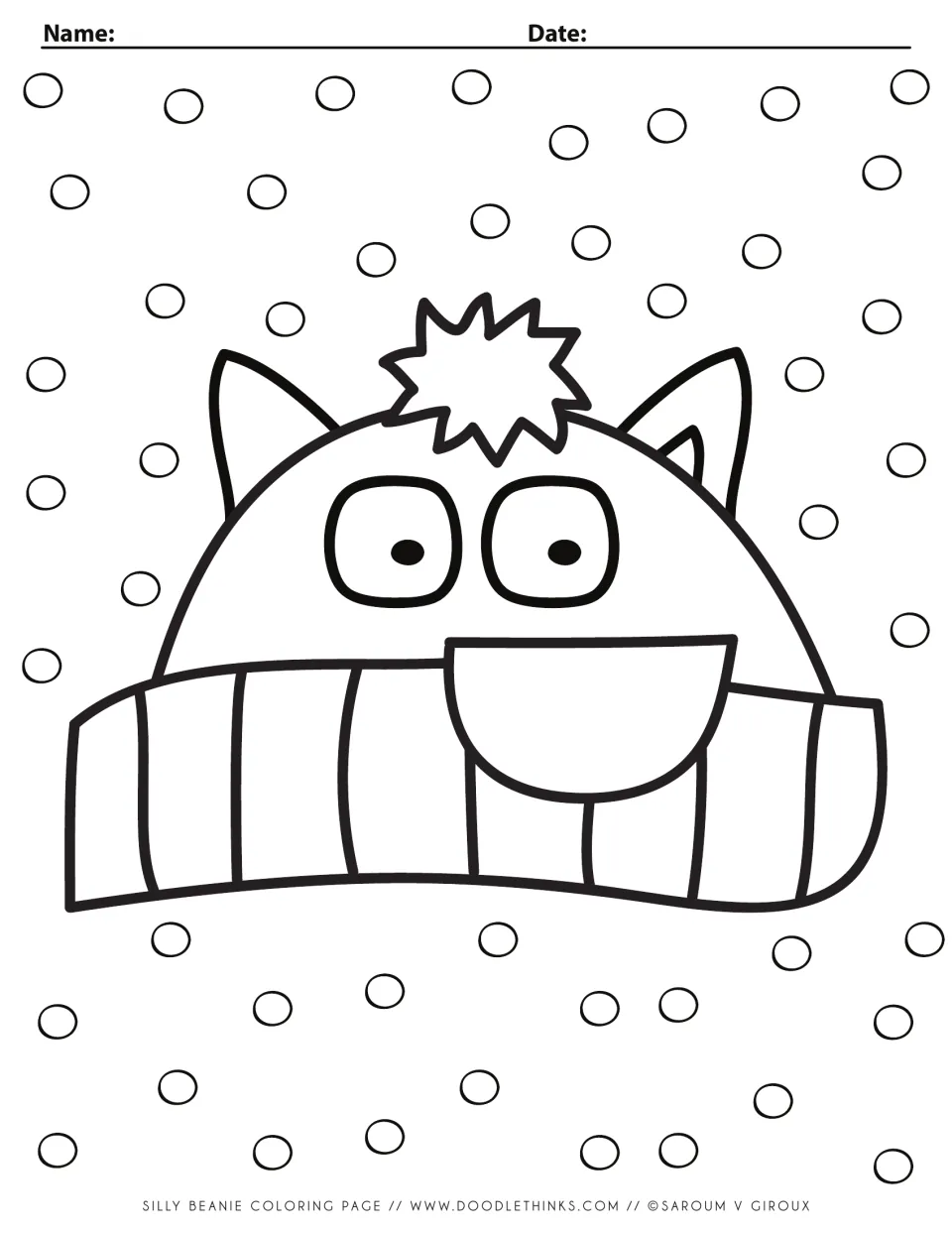 Silly beanie coloring page: a fox-eared beanie with big eyes, a grinning mouth and a pom pom amid snow dots to color
