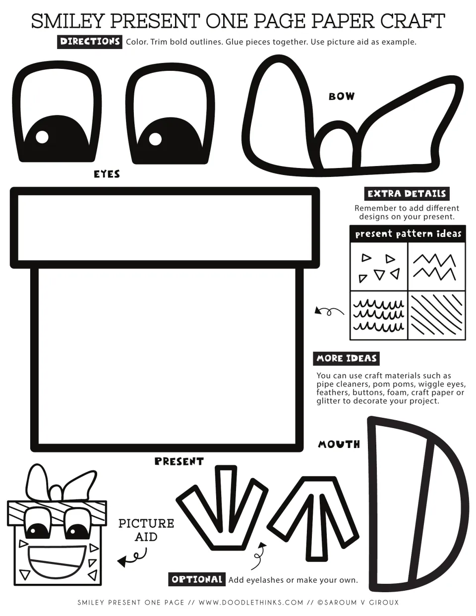 Smiley present paper craft: students color, cut out and glue the eyes, bow, present box and mouth pieces using a picture aid