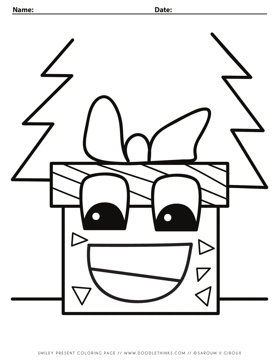 Smiley present coloring page: a grinning gift box with big eyes, a bow and triangle designs between two zigzag winter trees