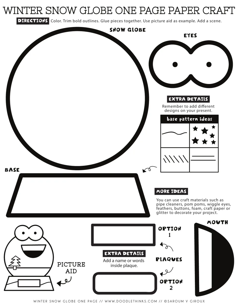 Snow globe paper craft template: students color, trim and glue the globe, base, eyes, mouth and a plaque, then add a scene