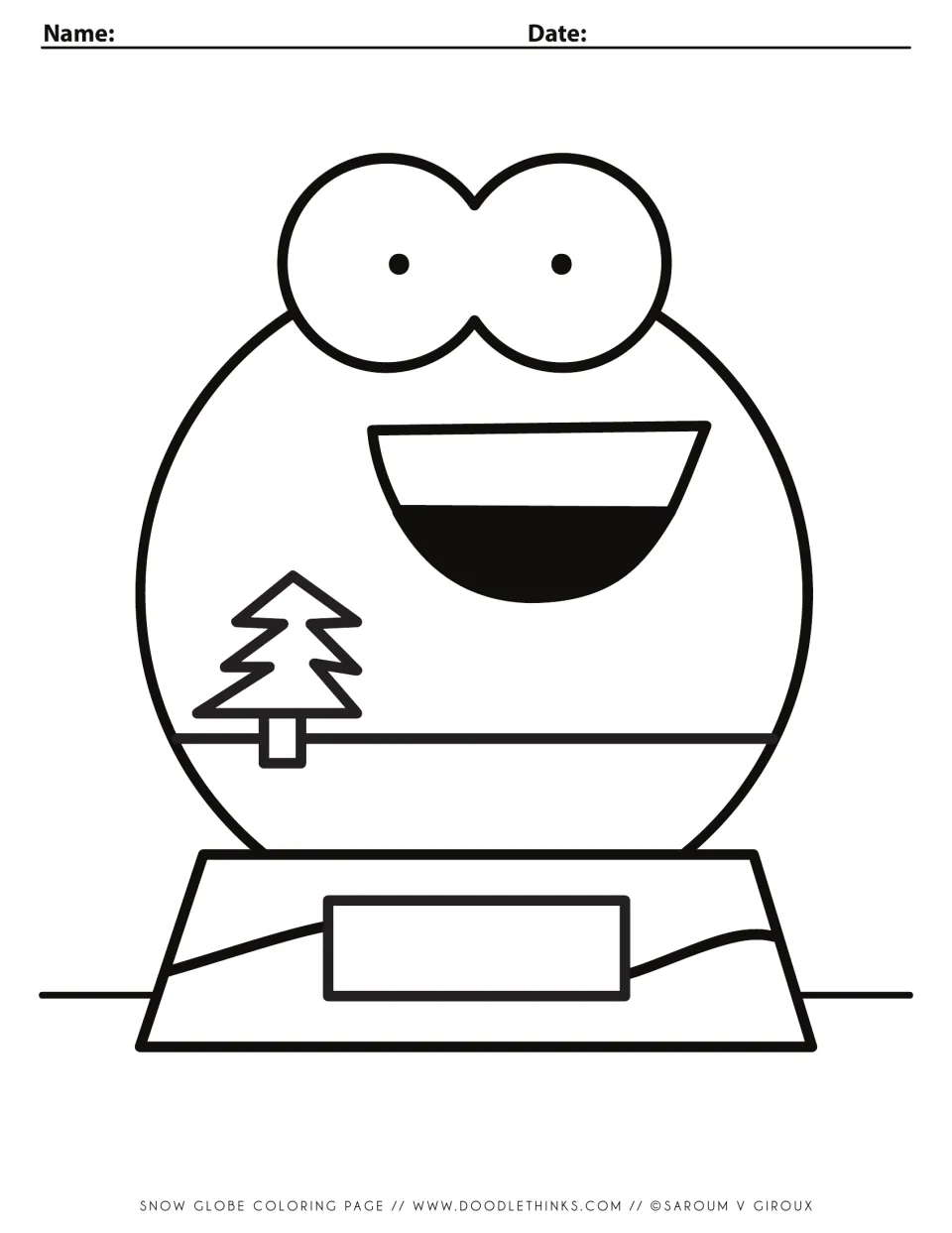 Snow globe coloring page: a smiling globe character with big eyes, a pine tree inside and a blank plaque on its base