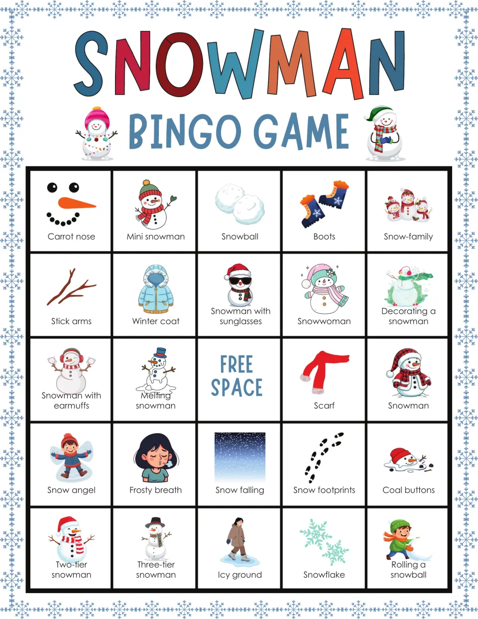 Snowman bingo card 1: players mark labeled winter pictures such as carrot nose, mini snowman and snow-family as called