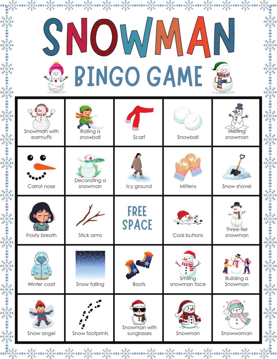 Snowman bingo card 2: players cover pictured words like snowman with earmuffs, rolling a snowball and melting snowman