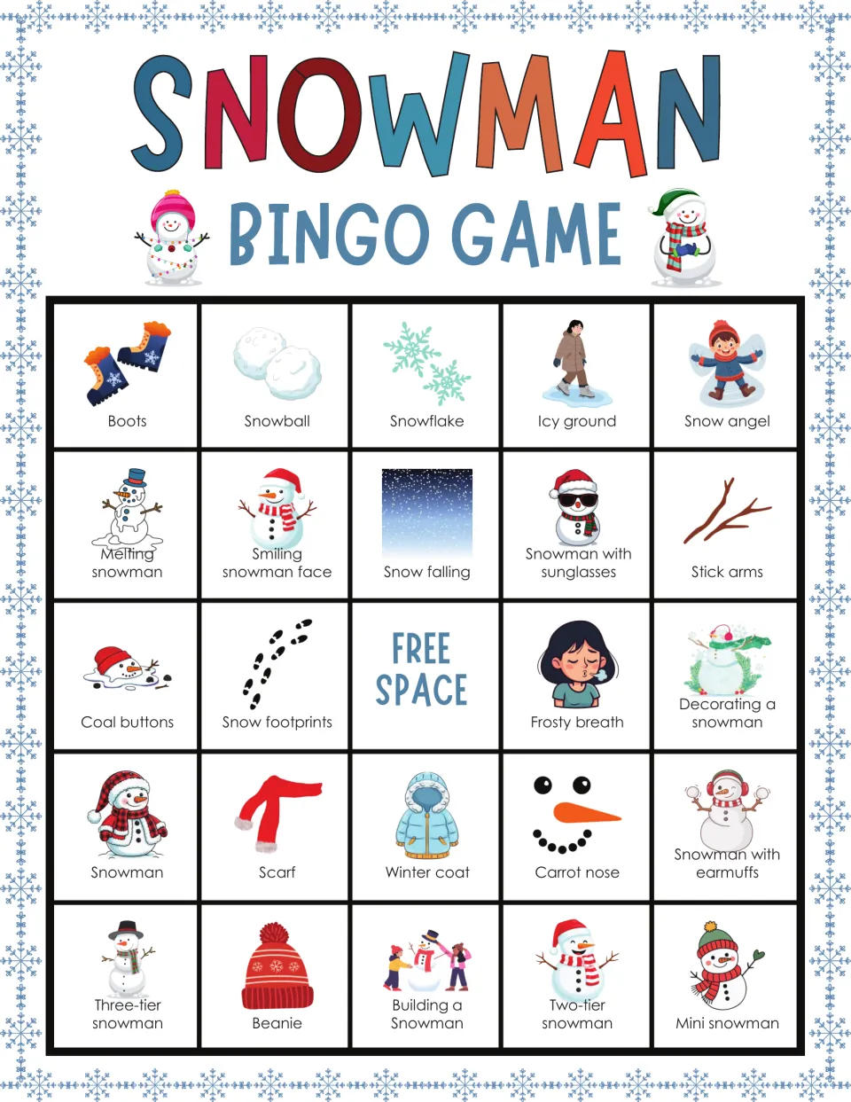 Snowman bingo card 3: players listen for called items and mark boots, snowflake, icy ground or snow angel pictures