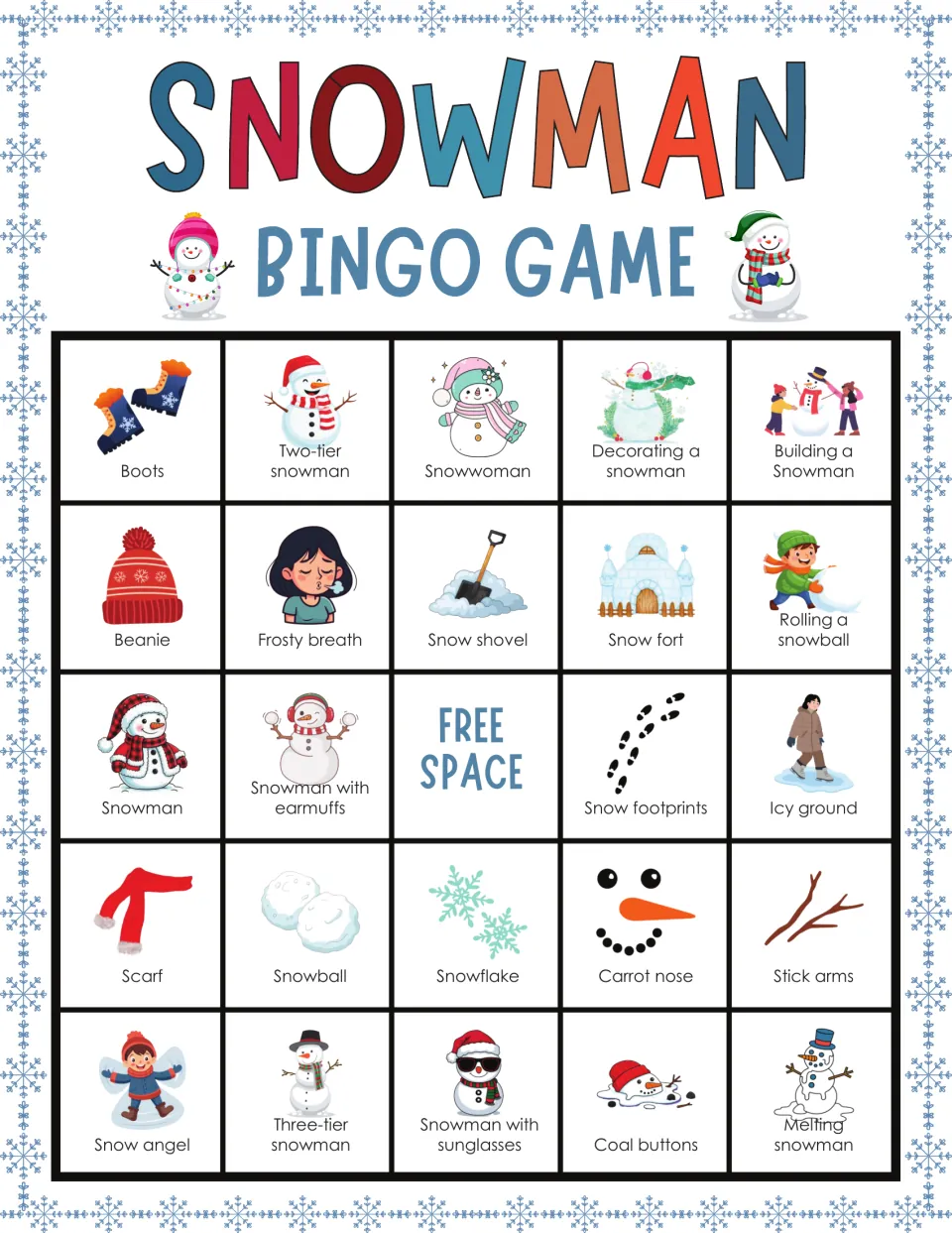 Snowman bingo card 4: picture squares include two-tier snowman, snowwoman, snow fort and building a snowman to mark