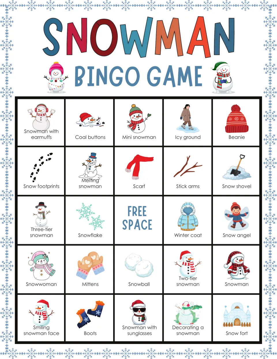 Snowman bingo card 5: players match called words to pictures like coal buttons, beanie, snow shovel and mittens