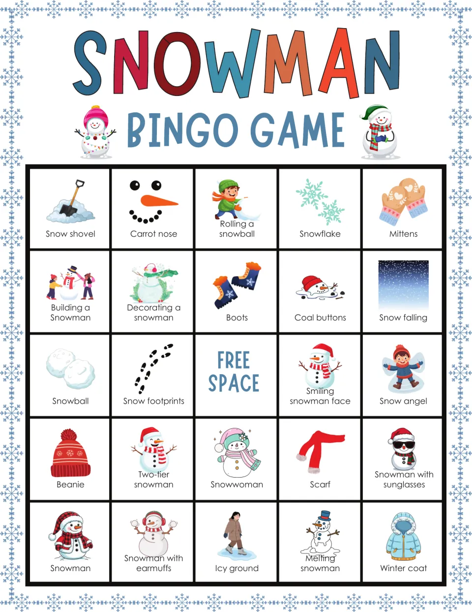 Snowman bingo card 6: players find and cover snow shovel, carrot nose, snowflake and mittens pictures
