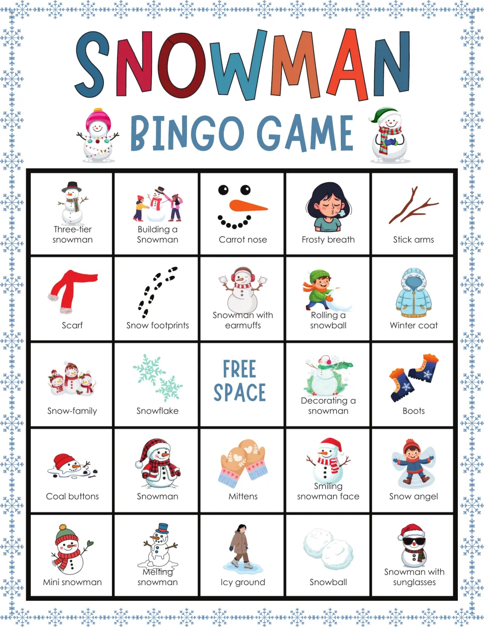 Snowman bingo card 7: picture squares to mark include three-tier snowman, frosty breath, stick arms and winter coat