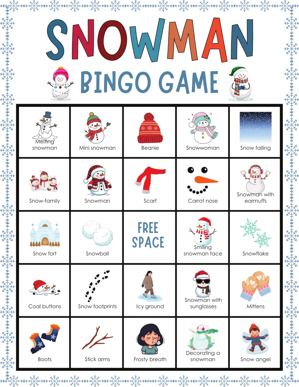 Snowman bingo card 8: players mark pictures of a melting snowman, beanie, snowwoman and snow falling as words are read