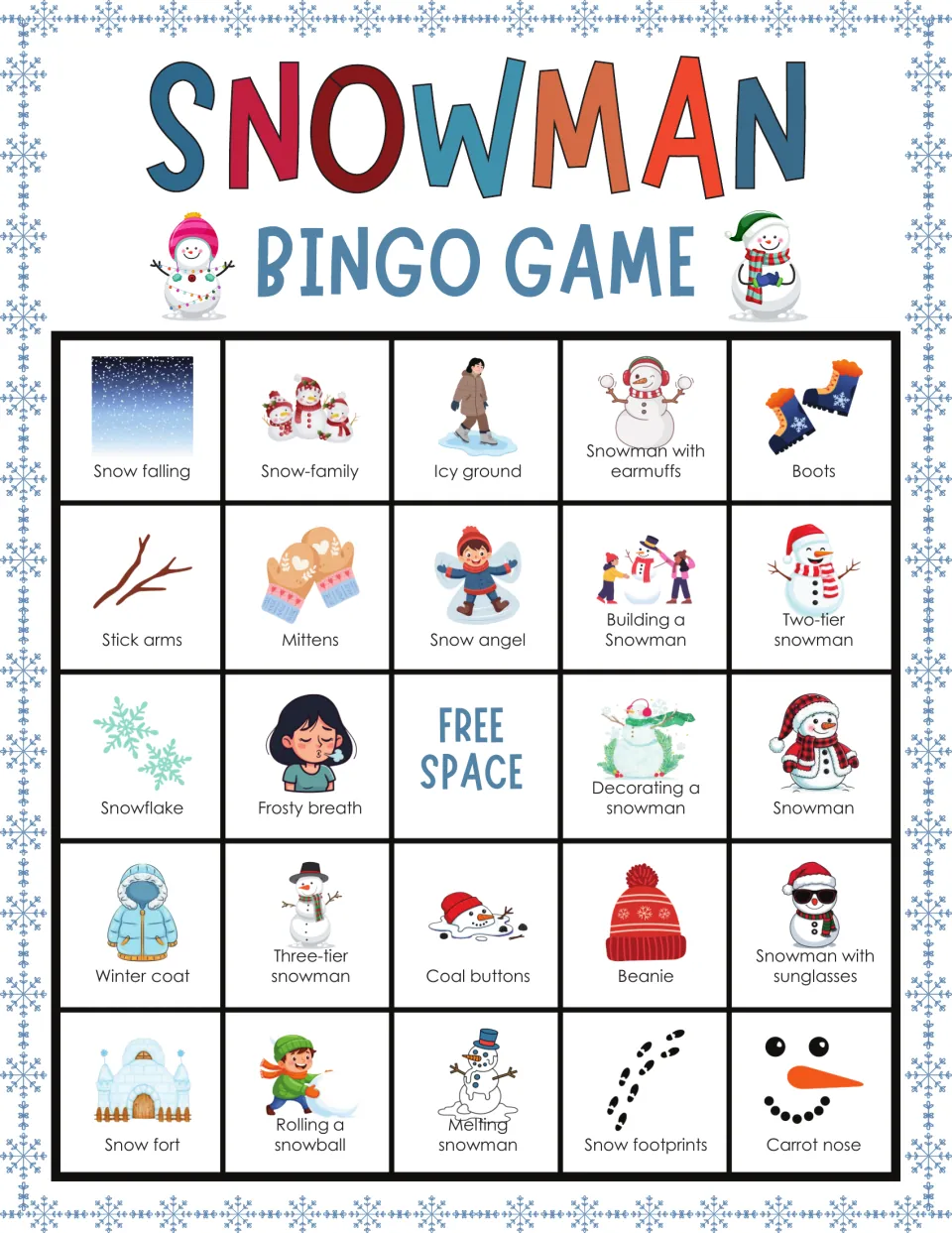 Snowman bingo card 9: labeled pictures to cover include snow-family, icy ground, snowman with earmuffs and snow fort