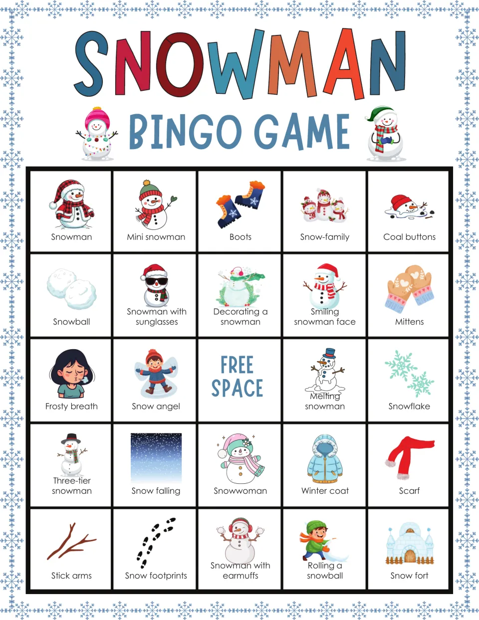 Snowman bingo card 10: players cover pictures like plaid-hat snowman, coal buttons, mittens and scarf around free space