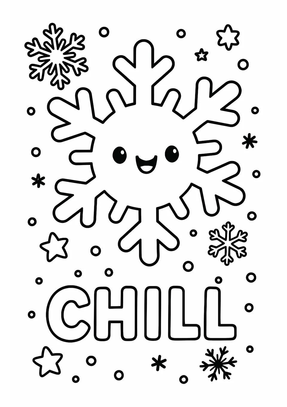 Winter coloring sheet featuring a smiling snowflake above the word 'CHILL,' surrounded by smaller snowflakes