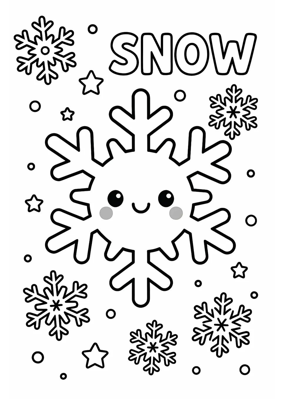 Winter coloring sheet featuring the word 'SNOW' above a smiling snowflake and five smaller snowflakes