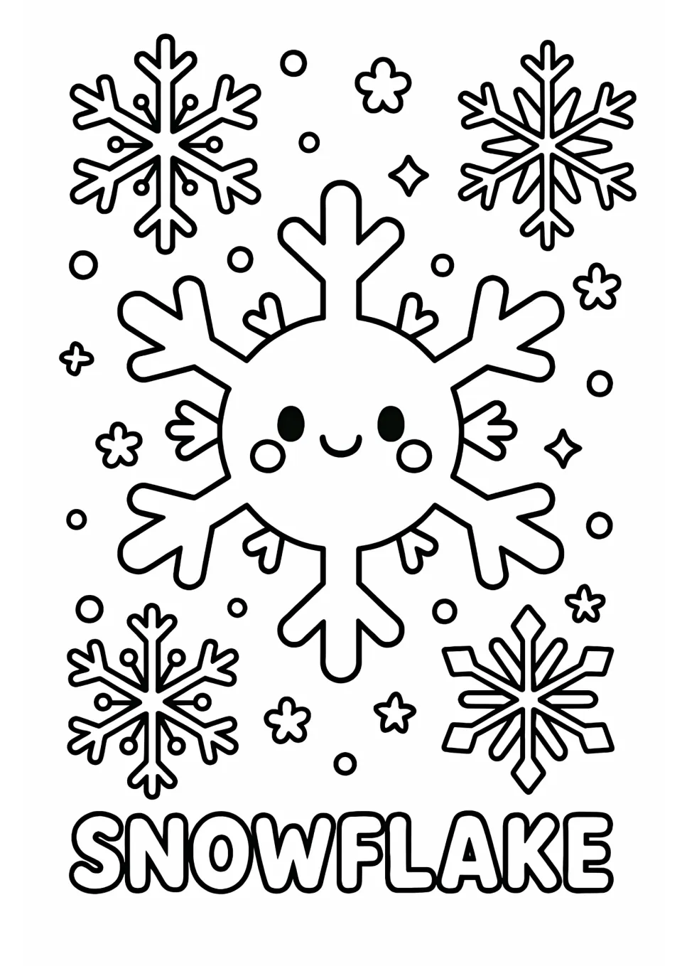 Winter coloring sheet featuring a round-faced snowflake, four smaller snowflakes, and the word 'SNOWFLAKE'