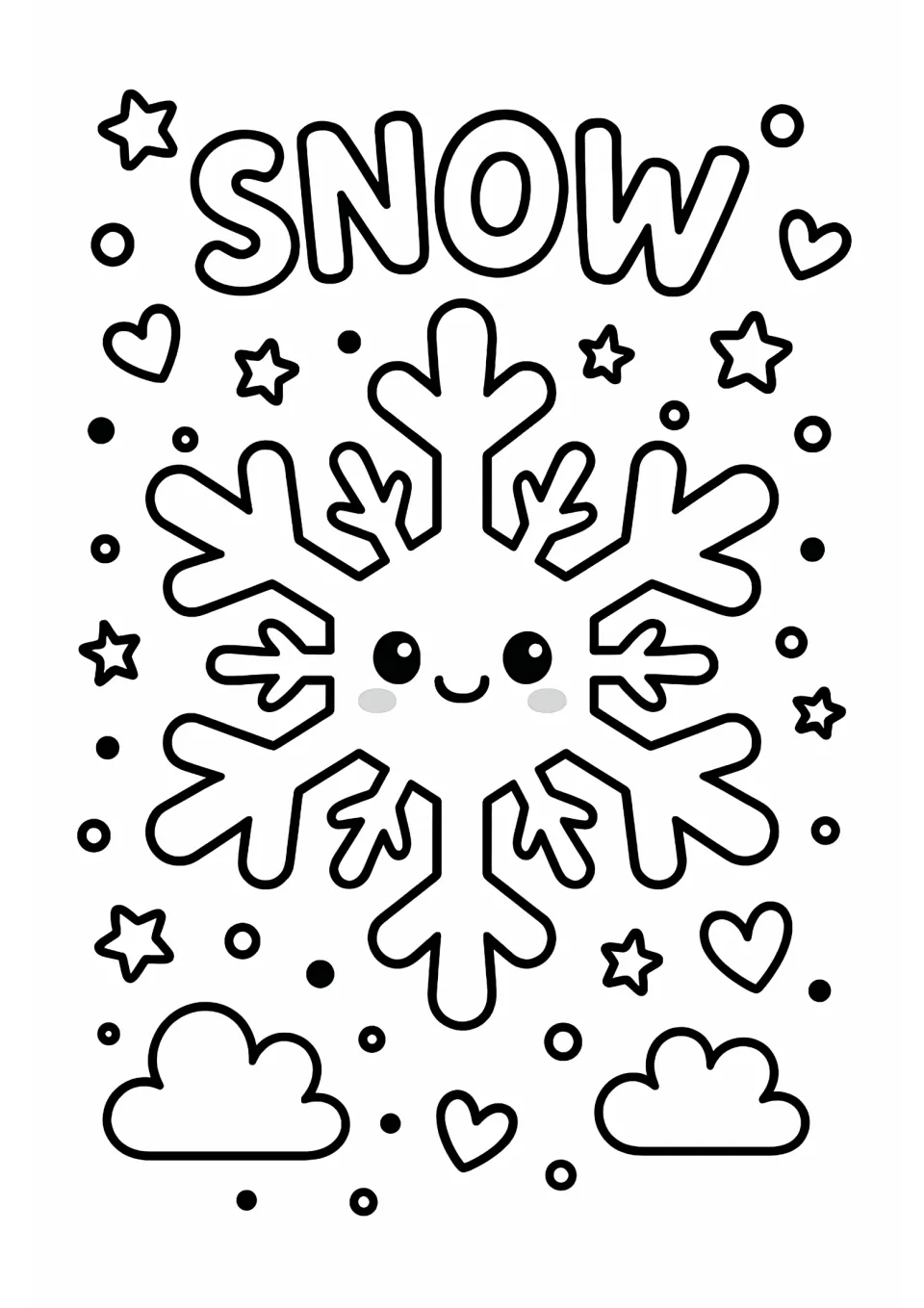 Winter coloring sheet featuring 'SNOW' above a smiling snowflake, with clouds, hearts, and stars to color